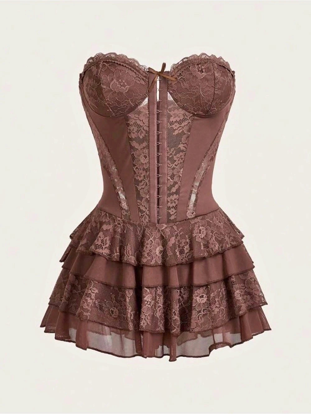 Brown Sheer Bodice Lace Corset Top With Ruffle Detail Brown Floral Lace